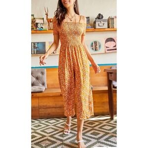 Magnolia Skye Mustard Floral Smocked Wide Leg Jumpsuit Womens L